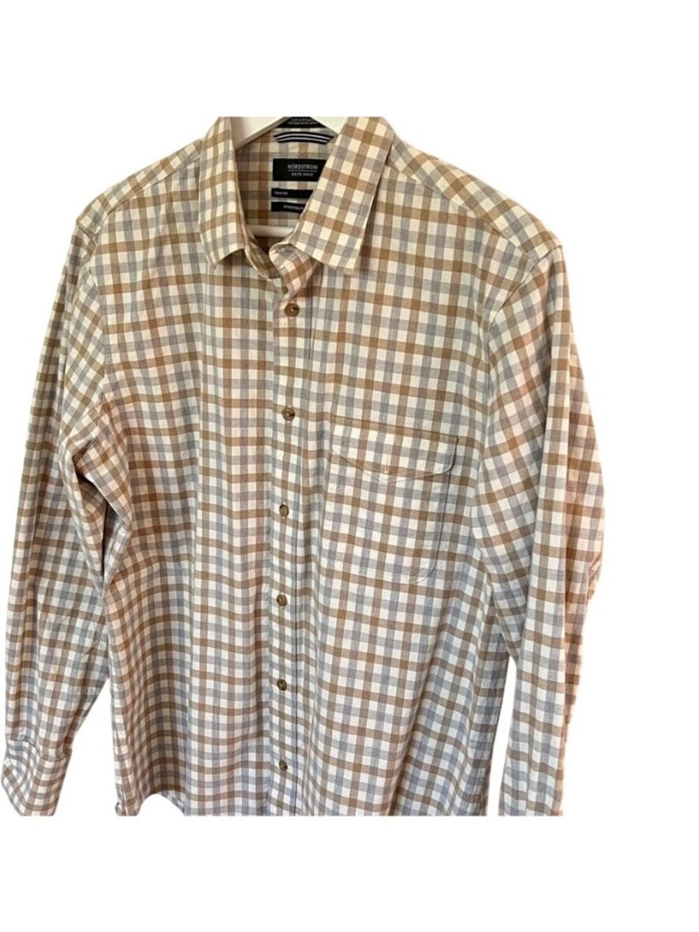 Nordstrom Mens L Shirt Brown White Plaid Cotton Stretch Flannel Button Up Frat - Picture 2 of 14